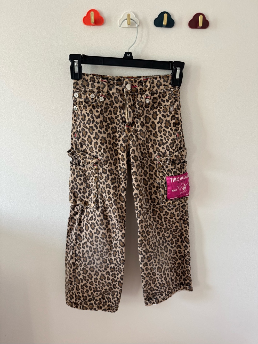 True Religion Leopard-Print Cargo Pants with Pink Logo Patch